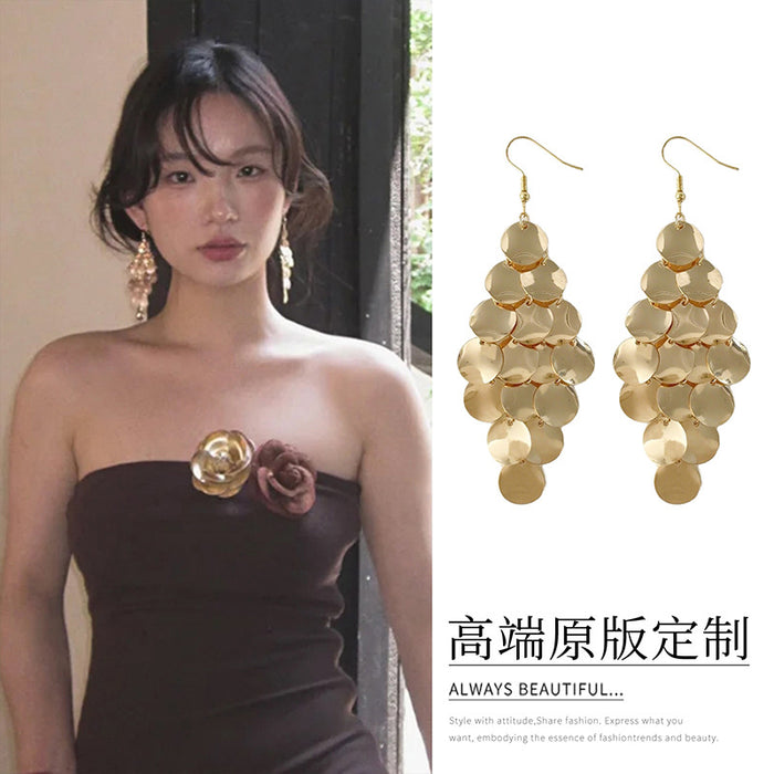 Gold Tone Layered Disc Cascade Hook Earrings Fashion Jewelry for Women