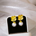 Gold Flower Stud Textured Pearl Drop Earrings Pair view 1