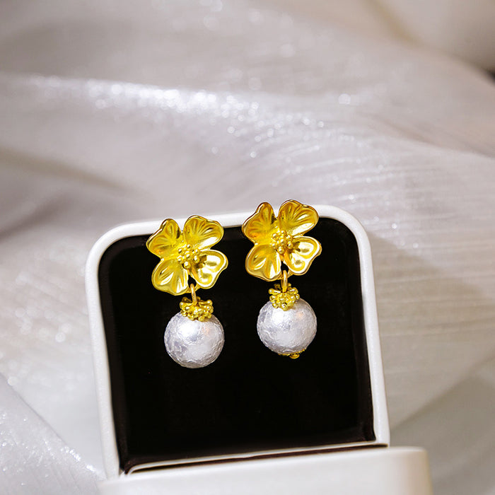 Gold Flower Stud Textured Pearl Drop Earrings Pair