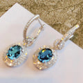 Silver Teal Oval Halo Lever Back Drop Earrings Double Pave view 3