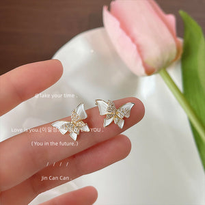 White Enamel Butterfly Stud Earrings Gold Pavé Body
