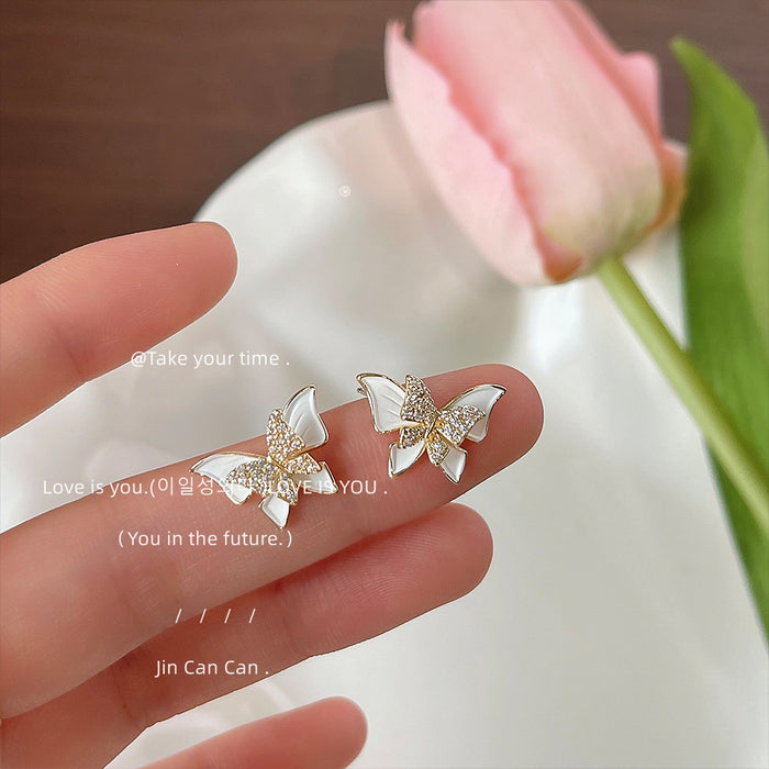 White Enamel Butterfly Stud Earrings Gold Pavé Body