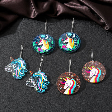 Silver Tone Glitter Unicorn Acrylic Long Hook Earrings in Three Designs