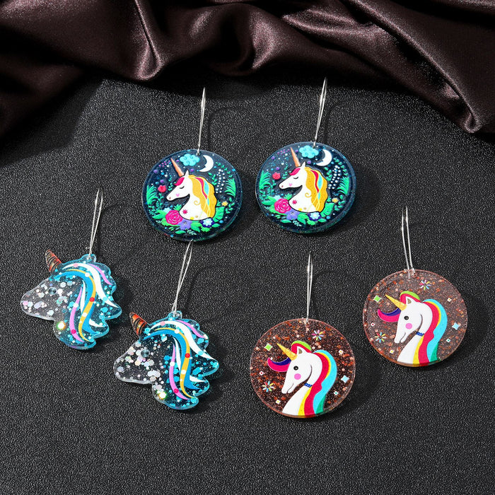 Silver Tone Glitter Unicorn Acrylic Long Hook Earrings in Three Designs
