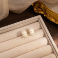 White Yarn Wrapped Arc Stud Earrings Gold Wire Stripes view 3