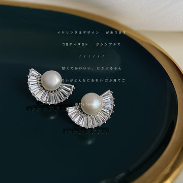 Silver-Tone Fan CZ Pearl Stud Earrings Half-Moon Shape