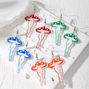 Silver Tone Mushroom Legs Printed Acrylic Hook Earrings