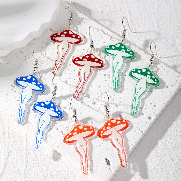 Silver Tone Mushroom Legs Printed Acrylic Hook Earrings