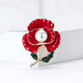 Red Enamel Poppy Brooch Pearl Center Green Leaf Pin view 2