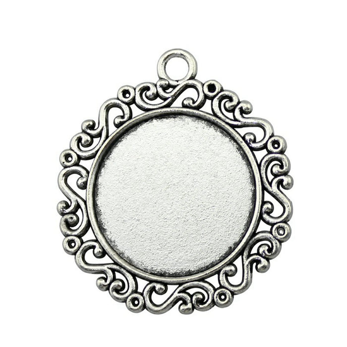 Scroll Border Round Cabochon Pendant Settings in Two Finishes