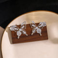 Silver Tone Openwork Butterfly Earrings Crystal Rose Accents view 6