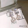 White Metal Rectangle Clear Stone Pearl Drop Stud Earrings view 4
