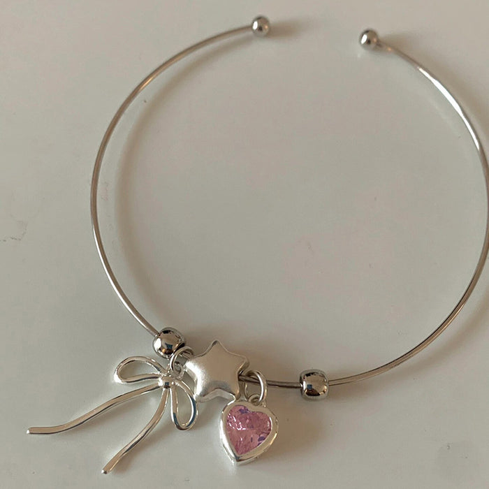 Silver Open Cuff Bow Star Pink Crystal Heart Charm Bracelet