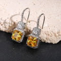 Yellow Square Stone Halo Drop Earrings in Silver Tone view 2