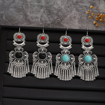 Black and Turquoise Look Silver Ethnic Tassel Earrings