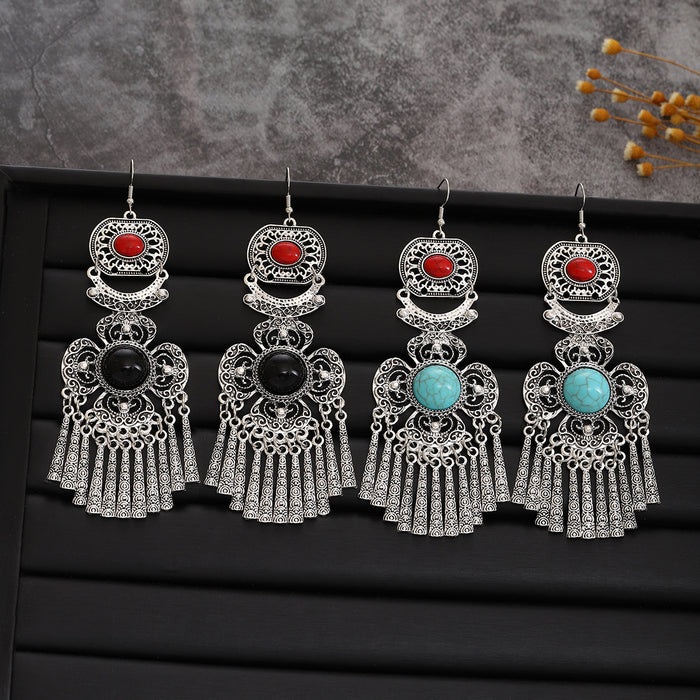 Black and Turquoise Look Silver Ethnic Tassel Earrings