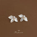 Gold Tone White Pearl Center And Shell Leaf Stud Earrings view 6