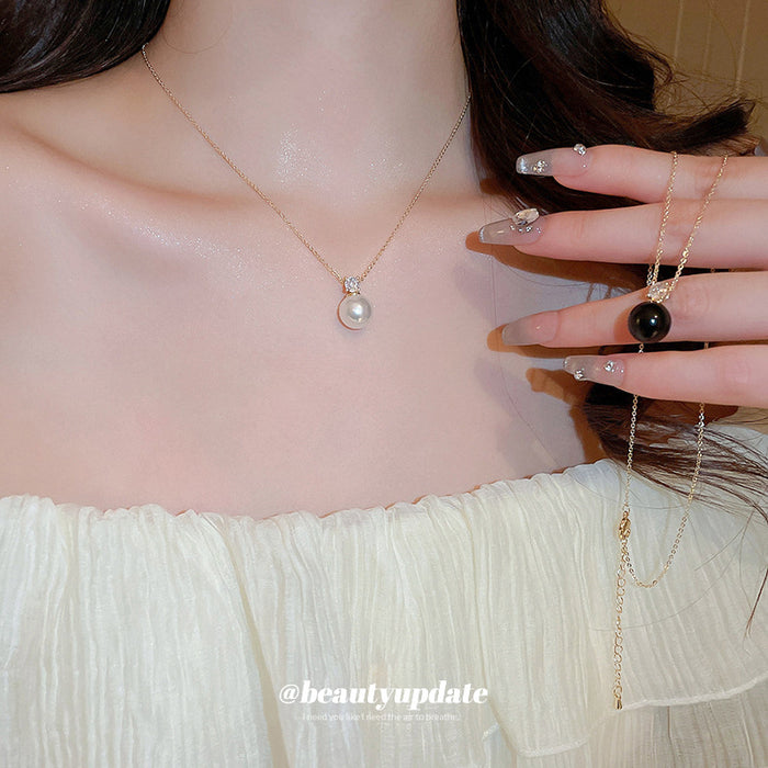 Gold Cable Chain White Pearl Pendant Clear Stone Accent
