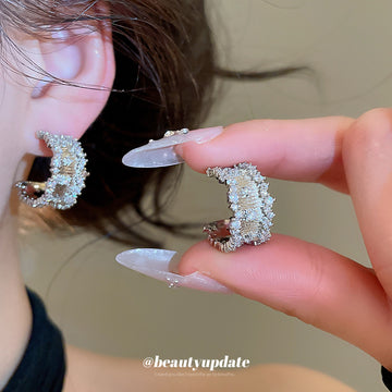 Silver Tone Crystal Paved C Shape Statement Stud Earrings