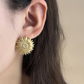 Layered Sunflower Crystal Stud Earrings in Gold Tone view 4
