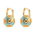 Gold Huggie Earrings Teal Orange Enamel Octagon Disc Pair view 5