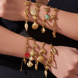 Gold Ocean Charm Bracelets Shells Fish Leaves Hearts Bells