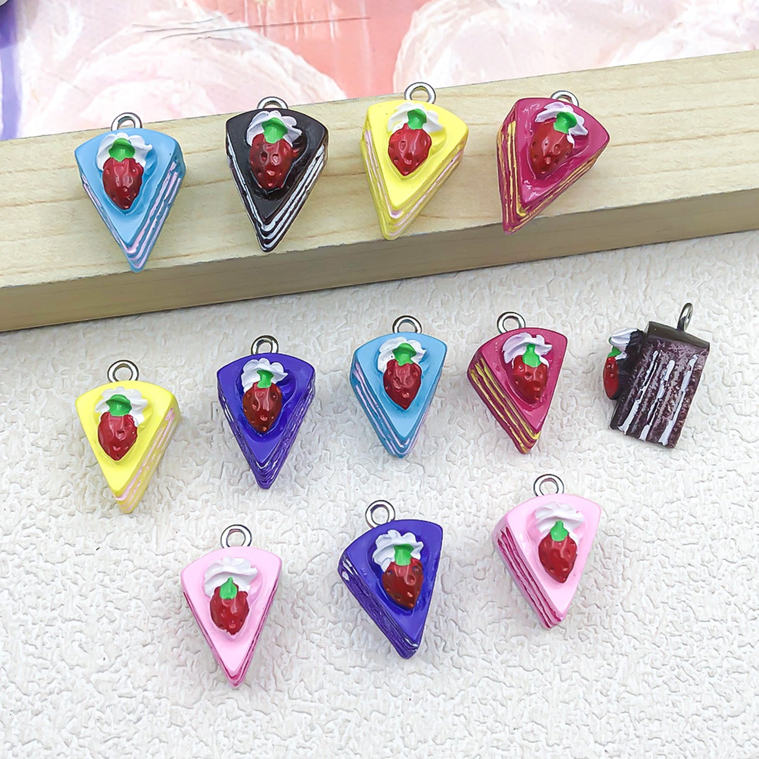 Resin Strawberry Triangle Cake Cheese Dessert Charm Pendant for DIY Keychain Jewelry