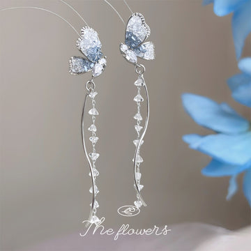 Icy Glass Butterfly Silver-Tone Drop Earrings with Crystal Tassels