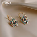 Gold Leverback Green Red Enamel Floral Pearl Earrings view 6