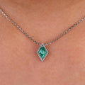 Silver Tone Green Diamond Shape Halo Pendant Necklace view 1