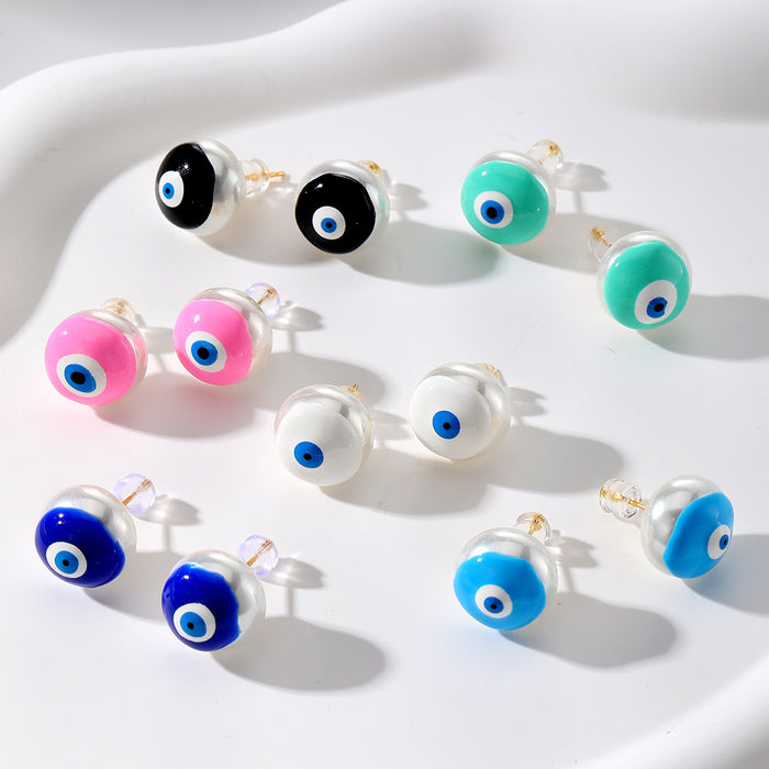 Pearl Effect Round Evil Eye Stud Earrings in Six Colors