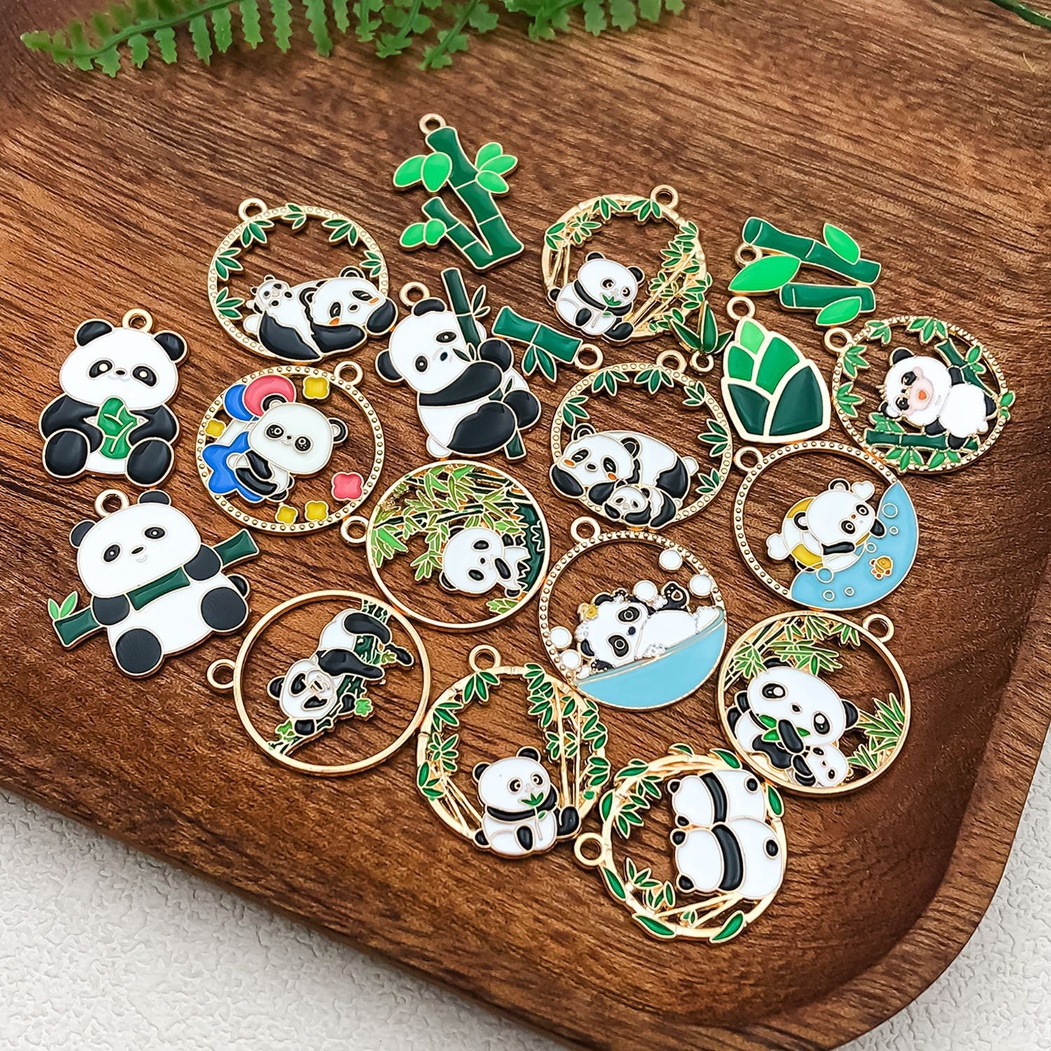 Enamel Zinc Alloy Panda Bamboo Round Bear Cat Charm Pendant for DIY Necklace Bracelet Keychain