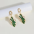Gold Enamel Wavy Leaf Drop Earrings Green White Accents view 2