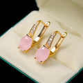 Gold Pink Oval Stone Leverback Earrings Clear CZ Accents view 3