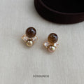Gold Brown Tiger Eye Pearl Clear Crystal Cluster Stud Earrings view 4