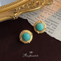 Gold Geometric Turquoise Round Stud Earrings Ribbed view 3