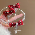 Red Fabric Bow Pearl Choker And Snowflake Drop Earrings view 2