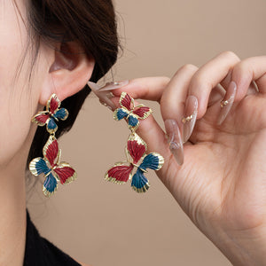 Three-Butterfly Cascade Earrings in Zinc Alloy, Gold-Tone Enamel