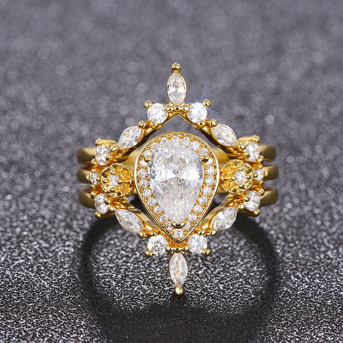 Gold Tone Teardrop Halo Three Band Statement Ring Set