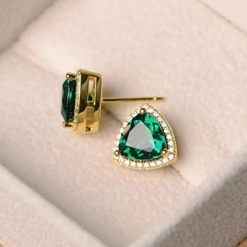 Gold Tone Green Triangle Halo Stud Earrings Polished Statement Fashion Jewelry displayed from the front