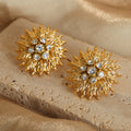 Gold Leaf Sunburst Stud Earrings Clear Crystal Center view 2