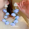 Blue Fabric Flower Pearl Cluster Drop Earrings with Polished Metal Accents view 2