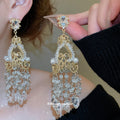 Gold Tone Crystal Chandelier Earrings with Pearl Fringe view 1