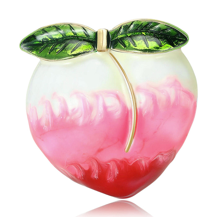 Pink Peach Brooch with Green Leaves and Gold Tone Stem