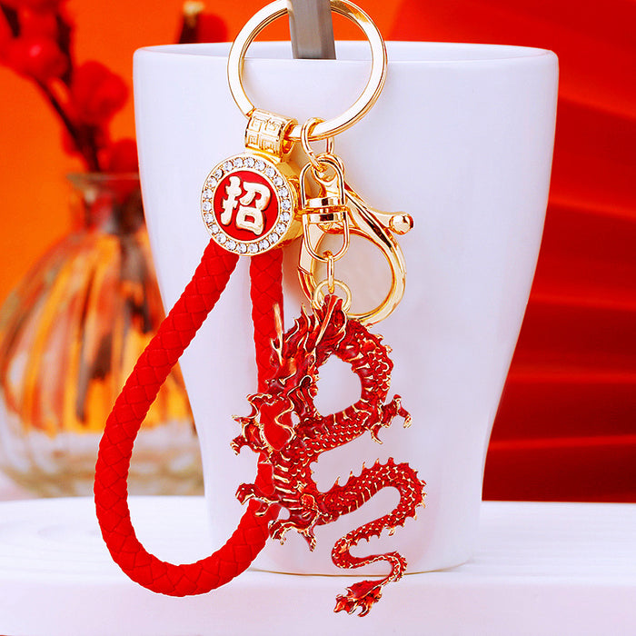 Enamel Chinese Dragon Keychains with Fortune Cords and Loose Braided Loops