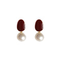 Gold Edged Burgundy Enamel And White Pearl Drop Stud Earrings view 5
