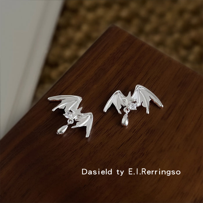 Silver Angel Wing Star Crystal Teardrop Stud Earrings