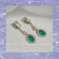 Gold-Tone Green Crystal Long Drop Ear Clip Oval Halo Earrings view 1