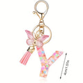 Glitter Resin Letter Keychain with Butterfly Charm and Tassel view 2