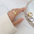 Gold Steel Dome Band Side Pearl Ring Six Size Color Variants view 1